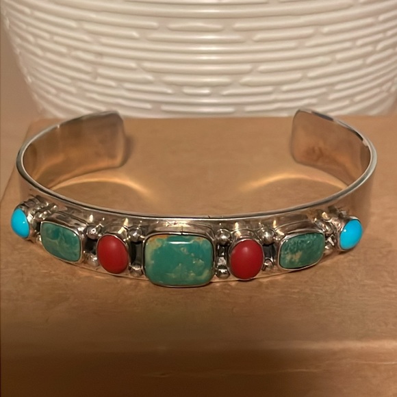Ray Bennett Native American Turquoise Multi Stone Cuff Bracelet Unisex - Picture 7 of 10